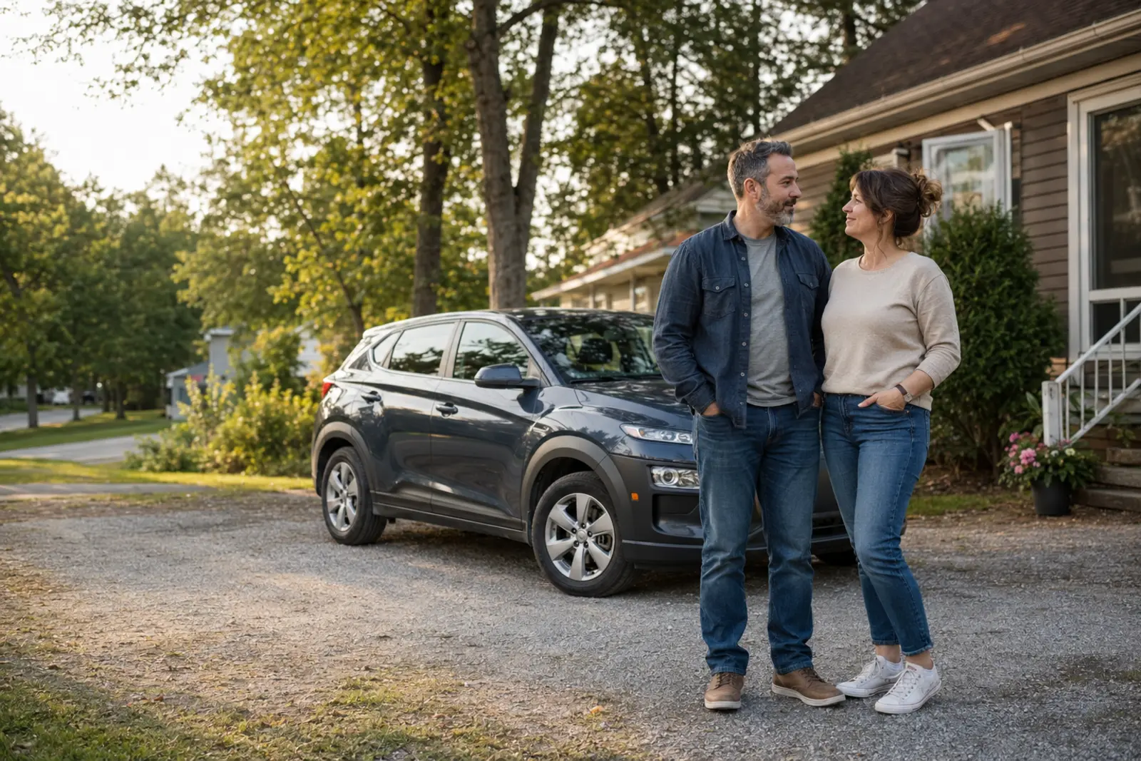 Couple québécois devant leur véhicule dans l’entrée de leur maison