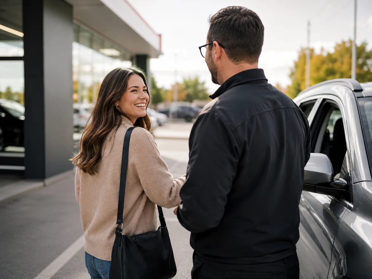 Une cliente souriante marche avec un conseiller près d'une voiture, devant la concession