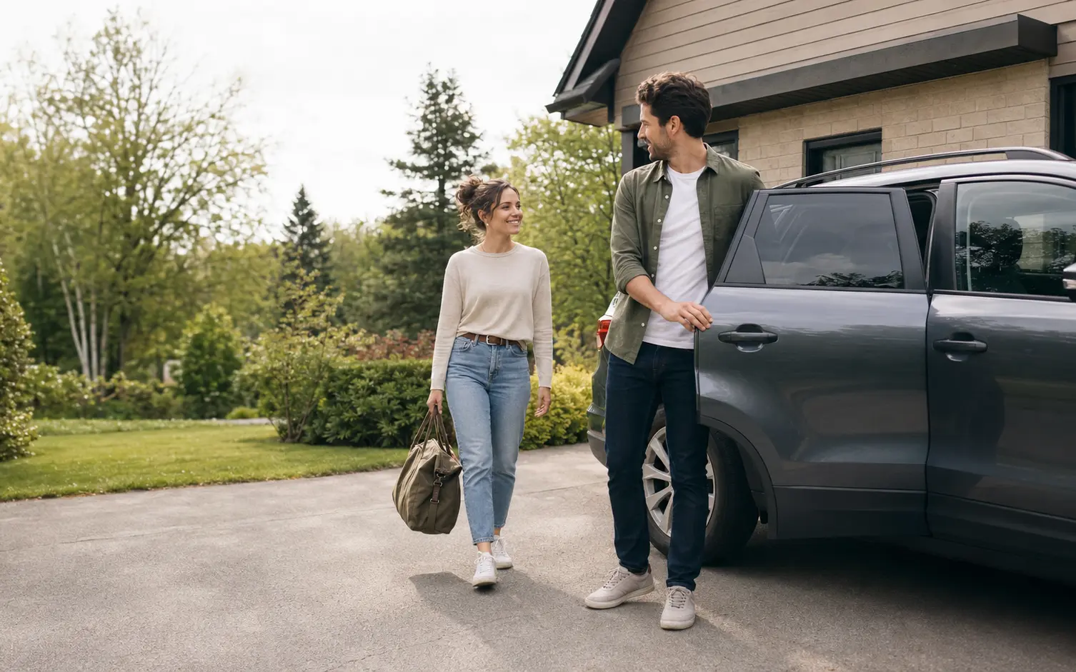 Couple devant un véhicule dans une entrée résidentielle