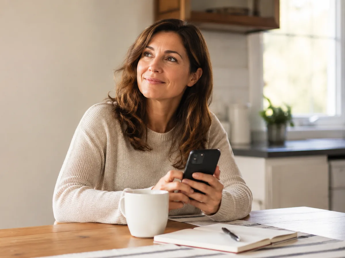 Une femme soulagée consulte son téléphone à sa table de cuisine